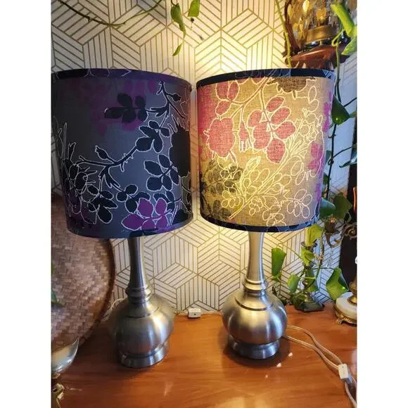 Vintage Early 2000s Brushed Chrome Lamps With Black And Purple Floral Shades - Picture 2 of 11